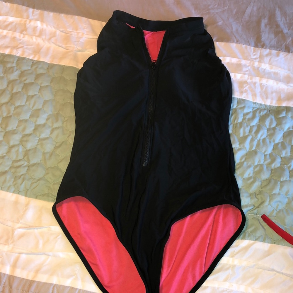 Front zip razor back one piece swimsuit